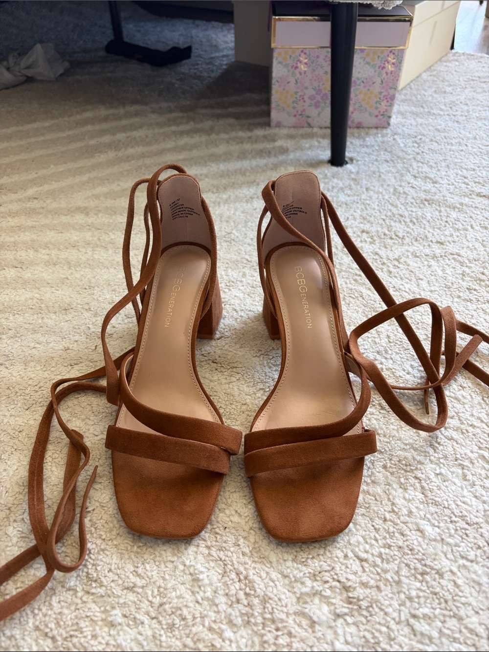 BCBGeneration Brown Suede Lace-Up Block Heel Sandals